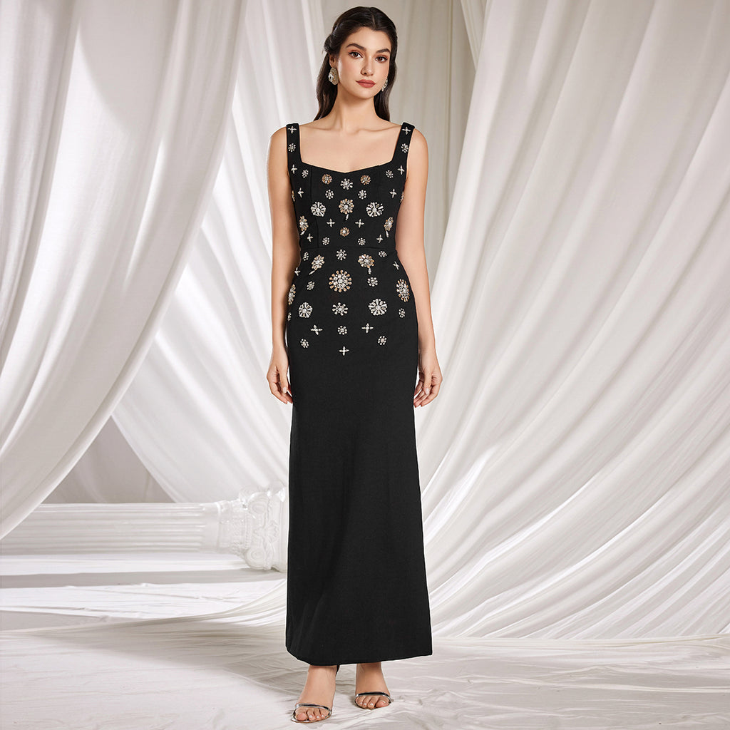 Fashionable Heavy Beaded and Rhinestone Embellished Long Stretch Vest Dress