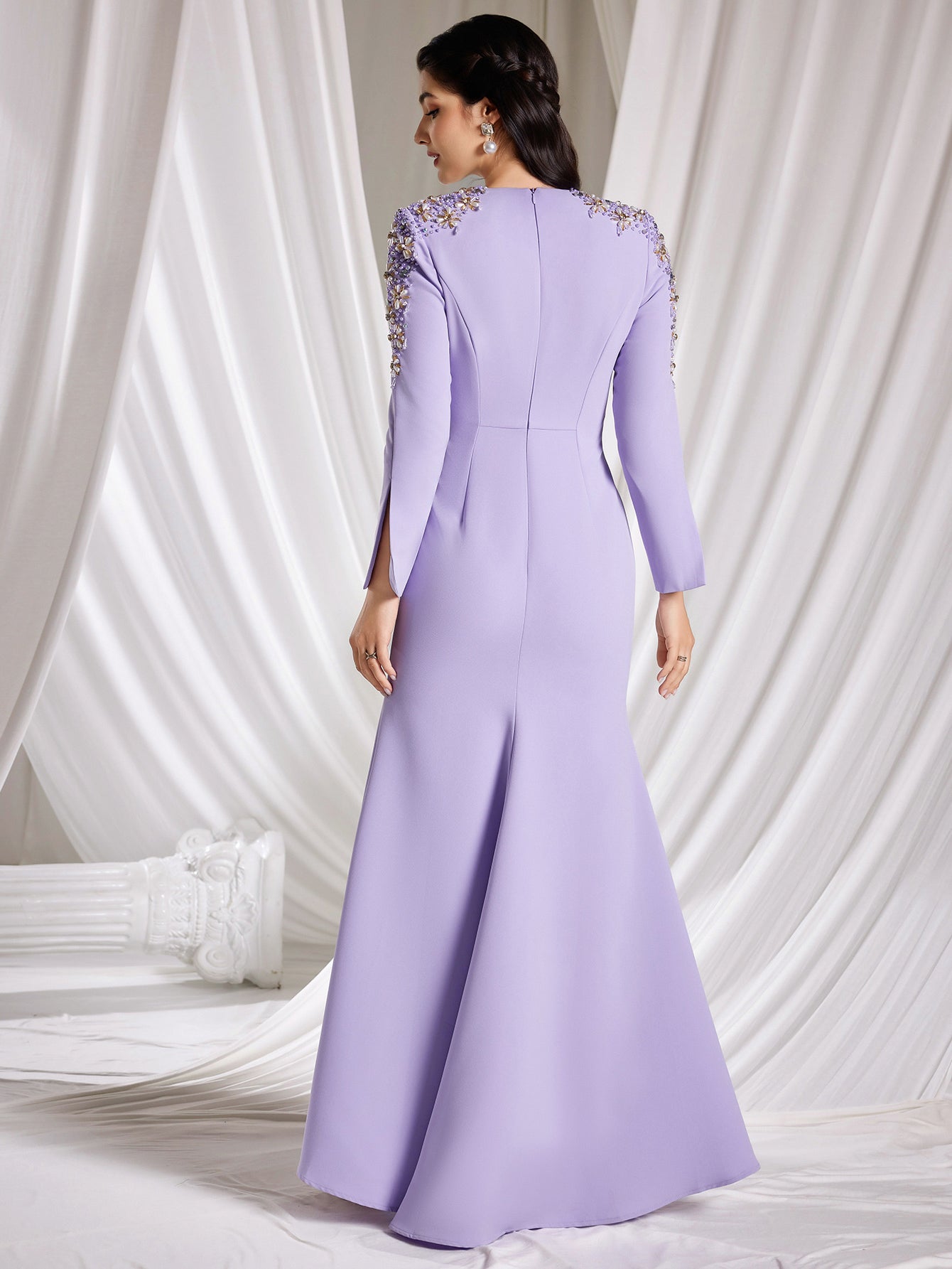 Mesh V Neck Long Sleeve Beaded Embellished and crystals Lavender Dress