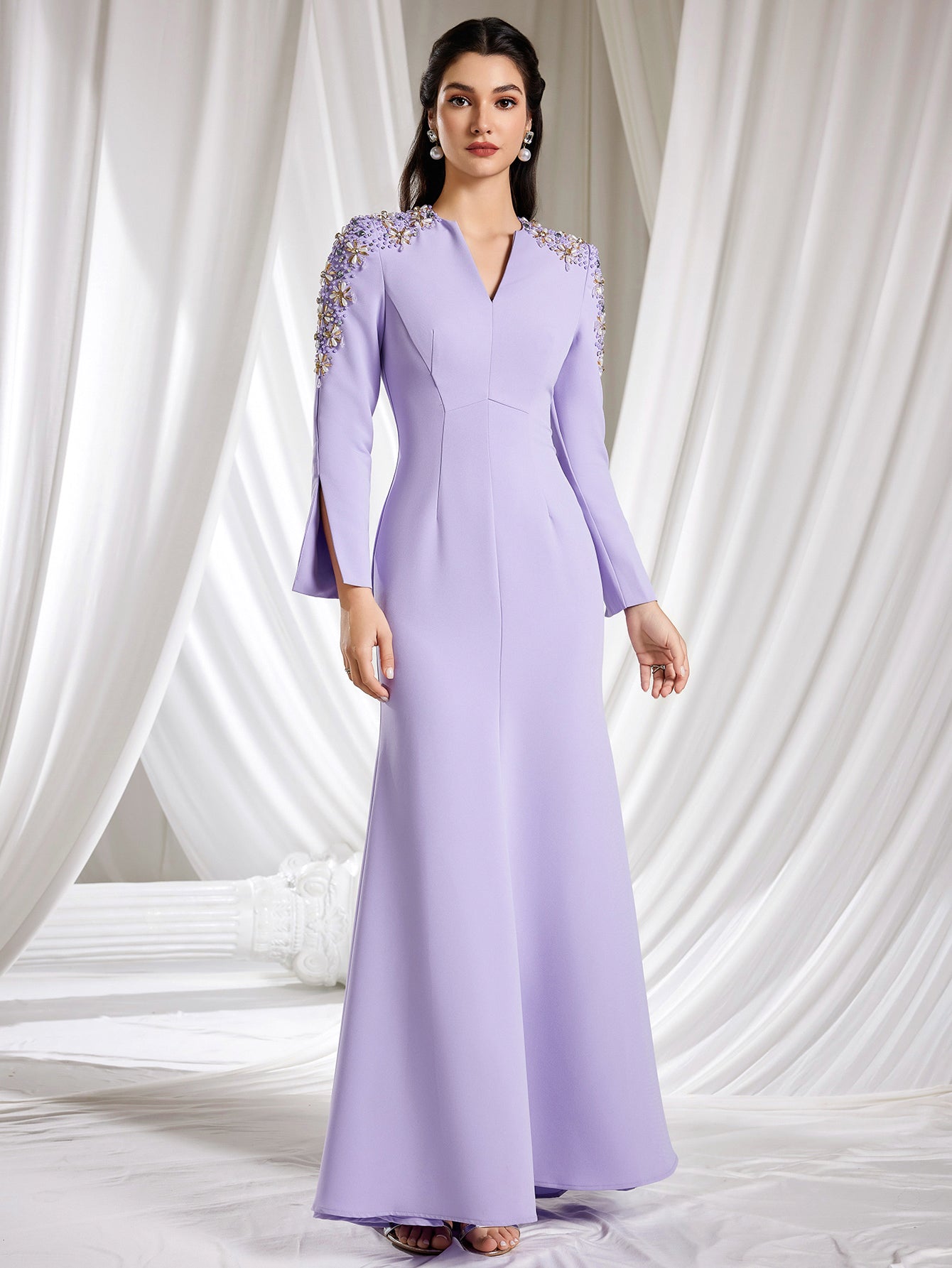 Mesh V Neck Long Sleeve Beaded Embellished and crystals Lavender Dress