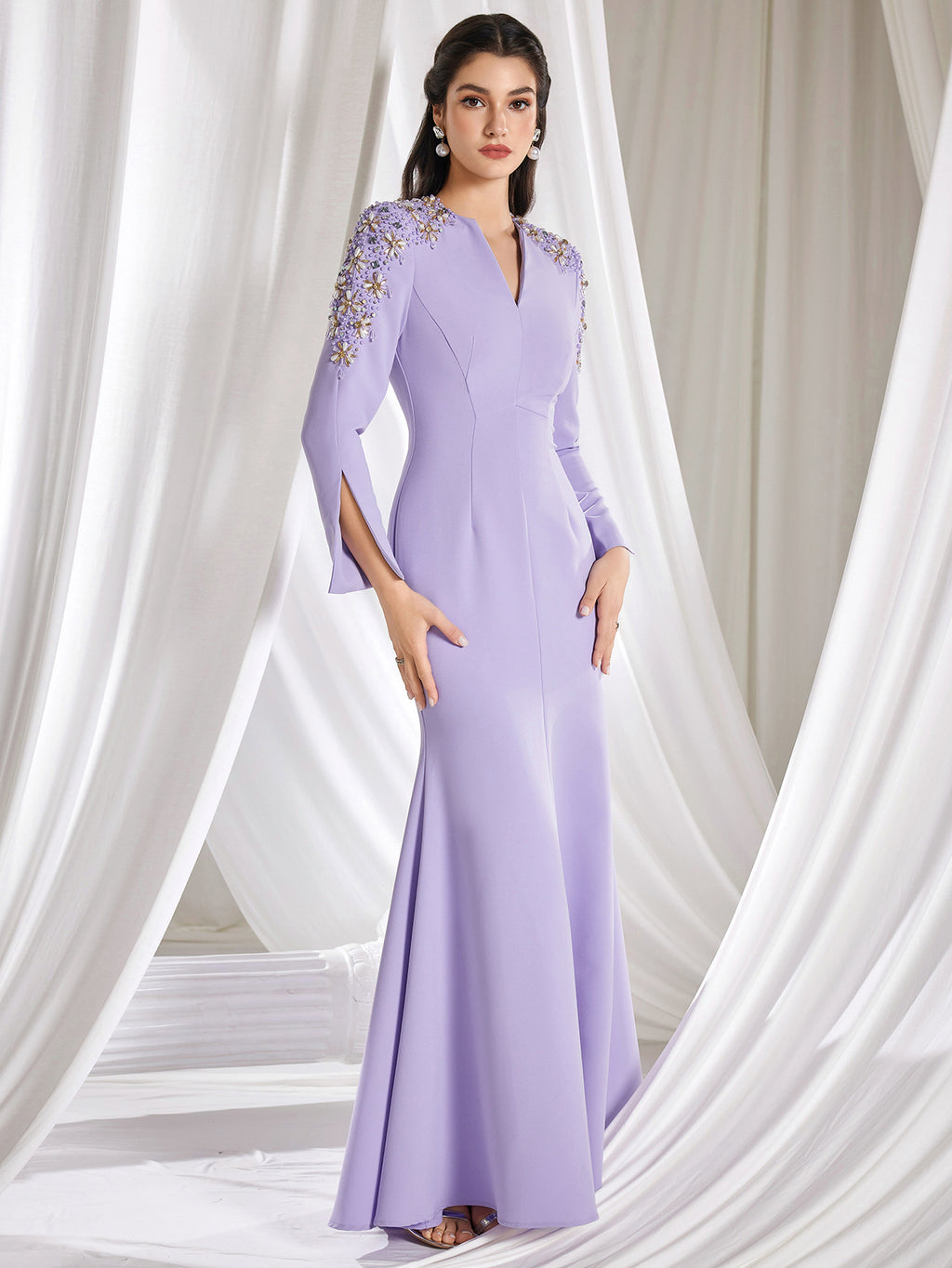 Mesh V Neck Long Sleeve Beaded Embellished and crystals Lavender Dress