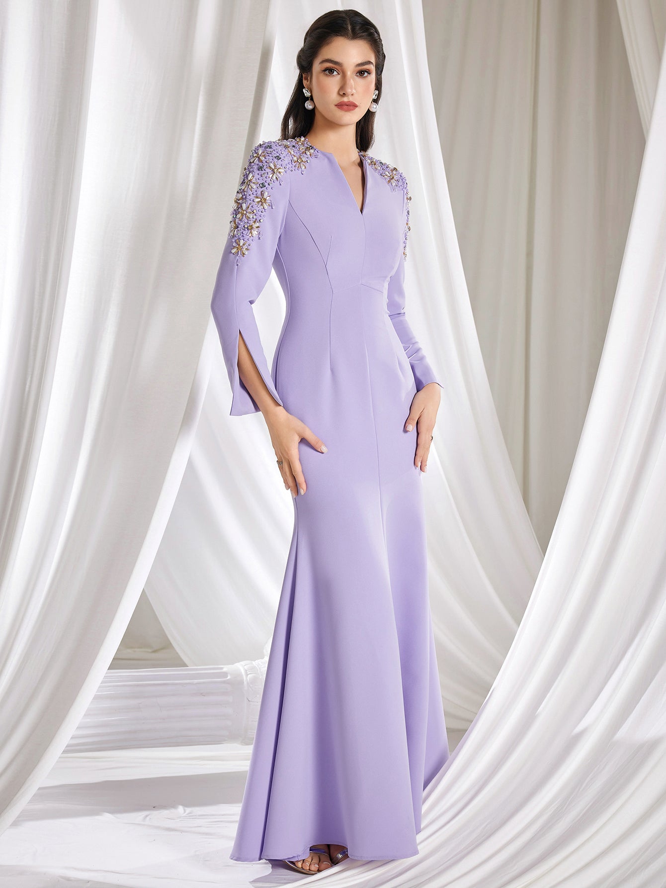 Mesh V Neck Long Sleeve Beaded Embellished and crystals Lavender Dress