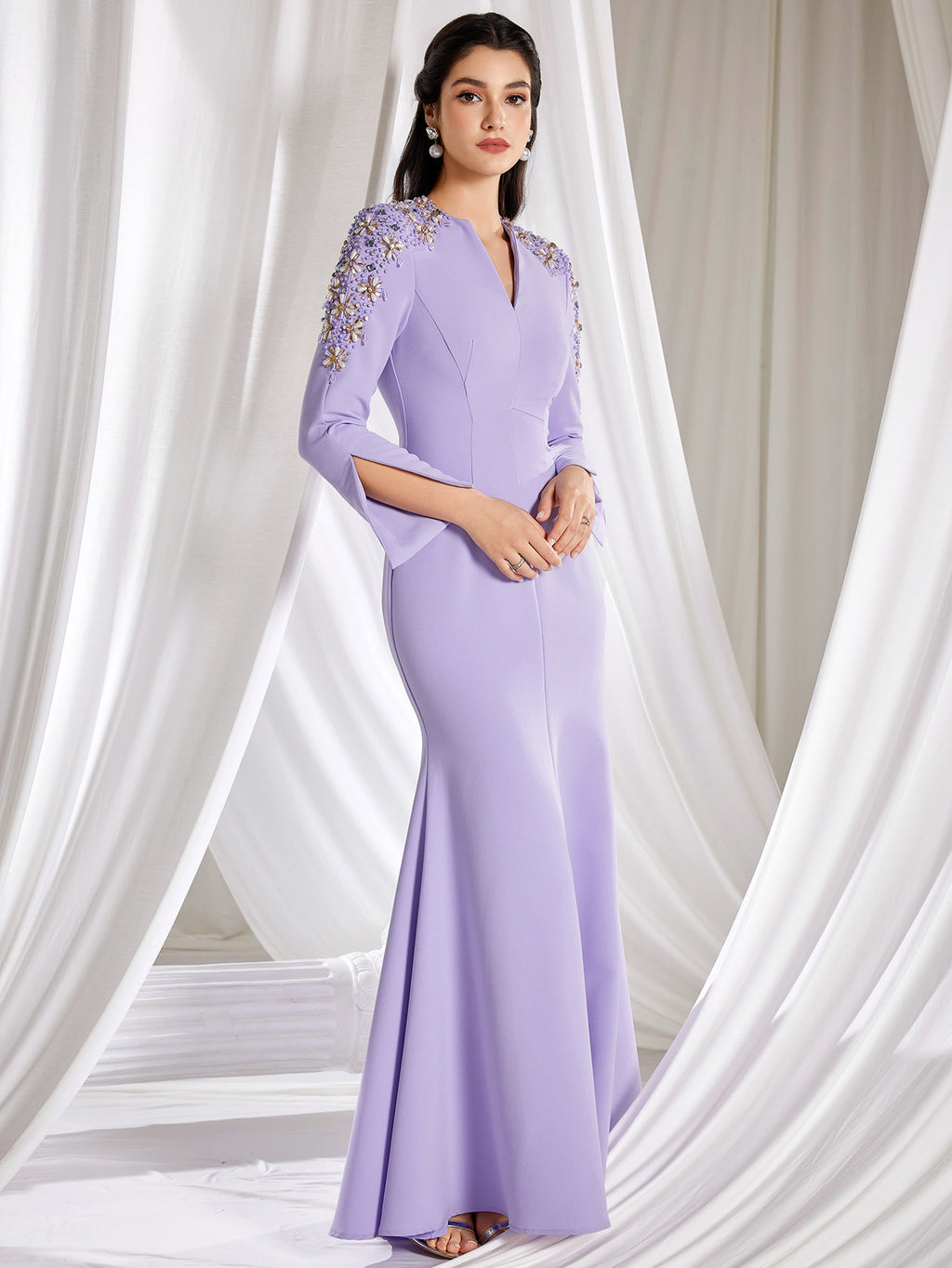 Mesh V Neck Long Sleeve Beaded Embellished and crystals Lavender Dress
