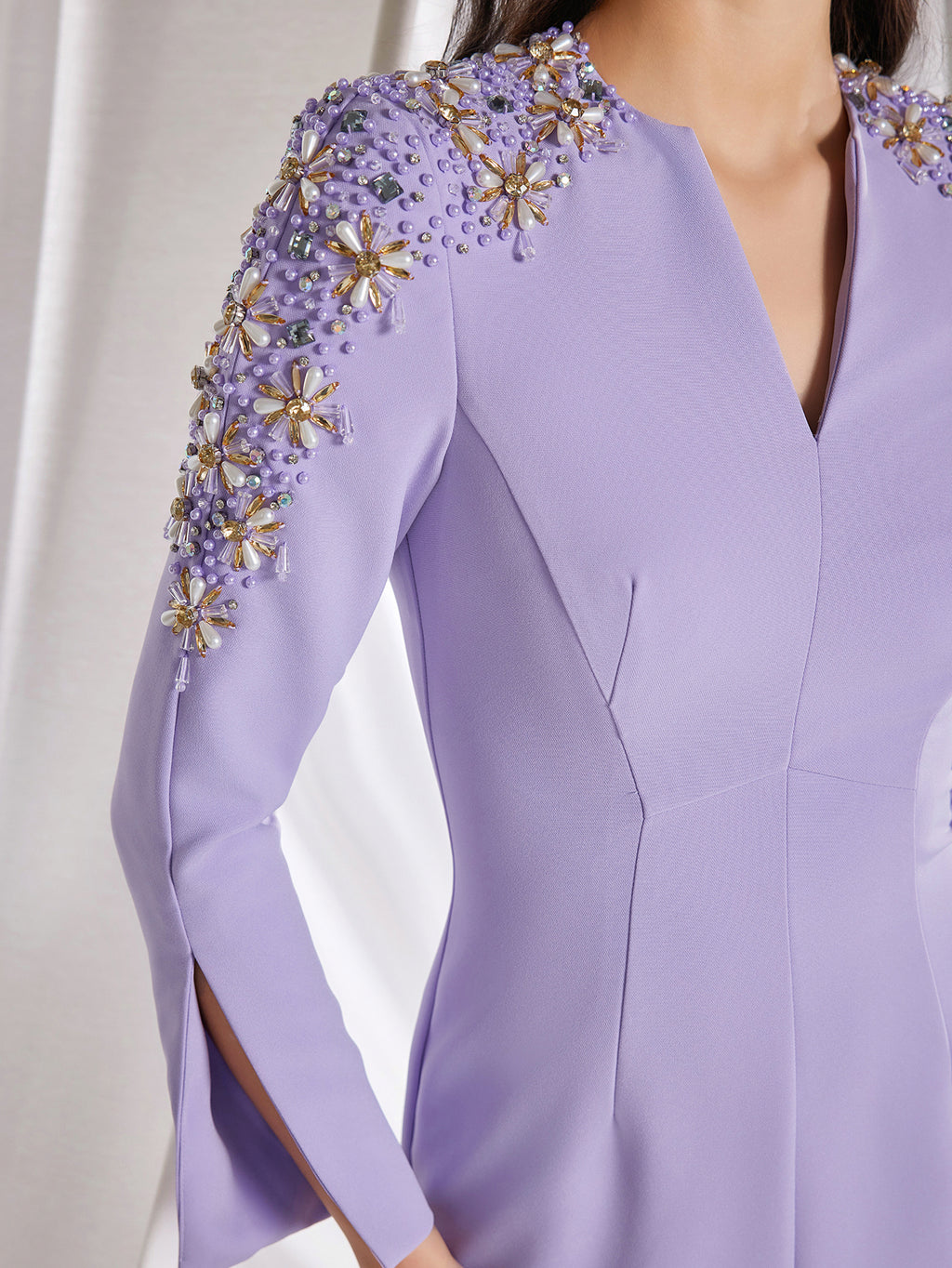 Mesh V Neck Long Sleeve Beaded Embellished and crystals Lavender Dress