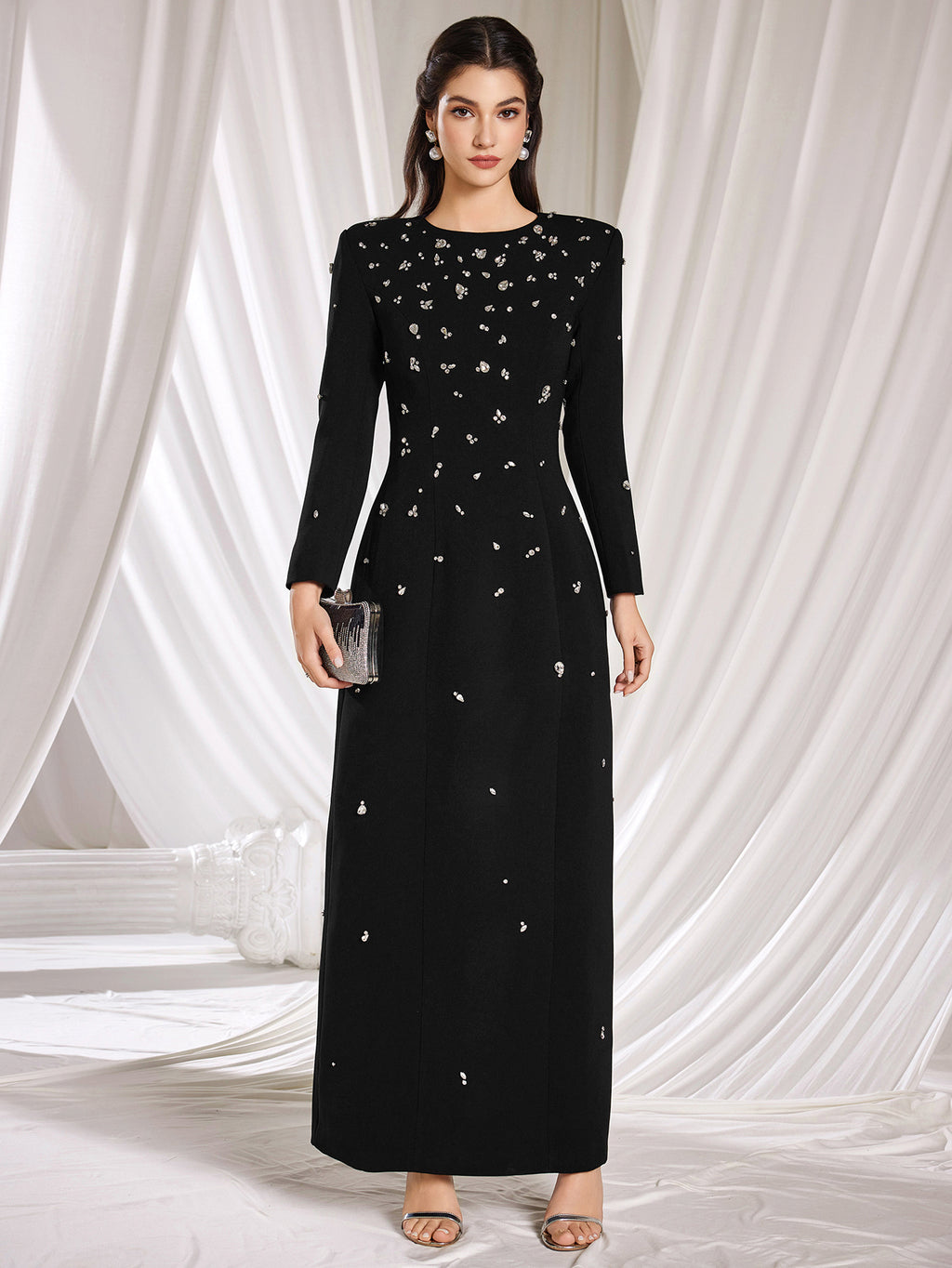 New Elegant Long Sleeve Beaded Embellished Round Neck Maxi Dress