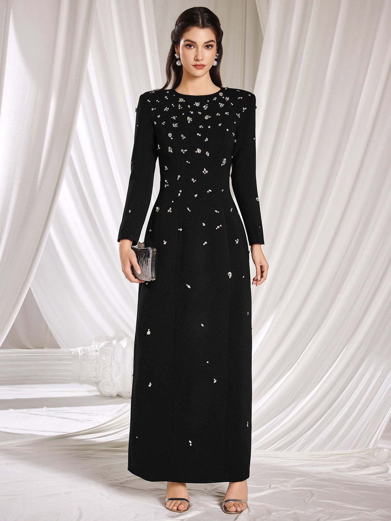 New Elegant Long Sleeve Beaded Embellished Round Neck Maxi Dress