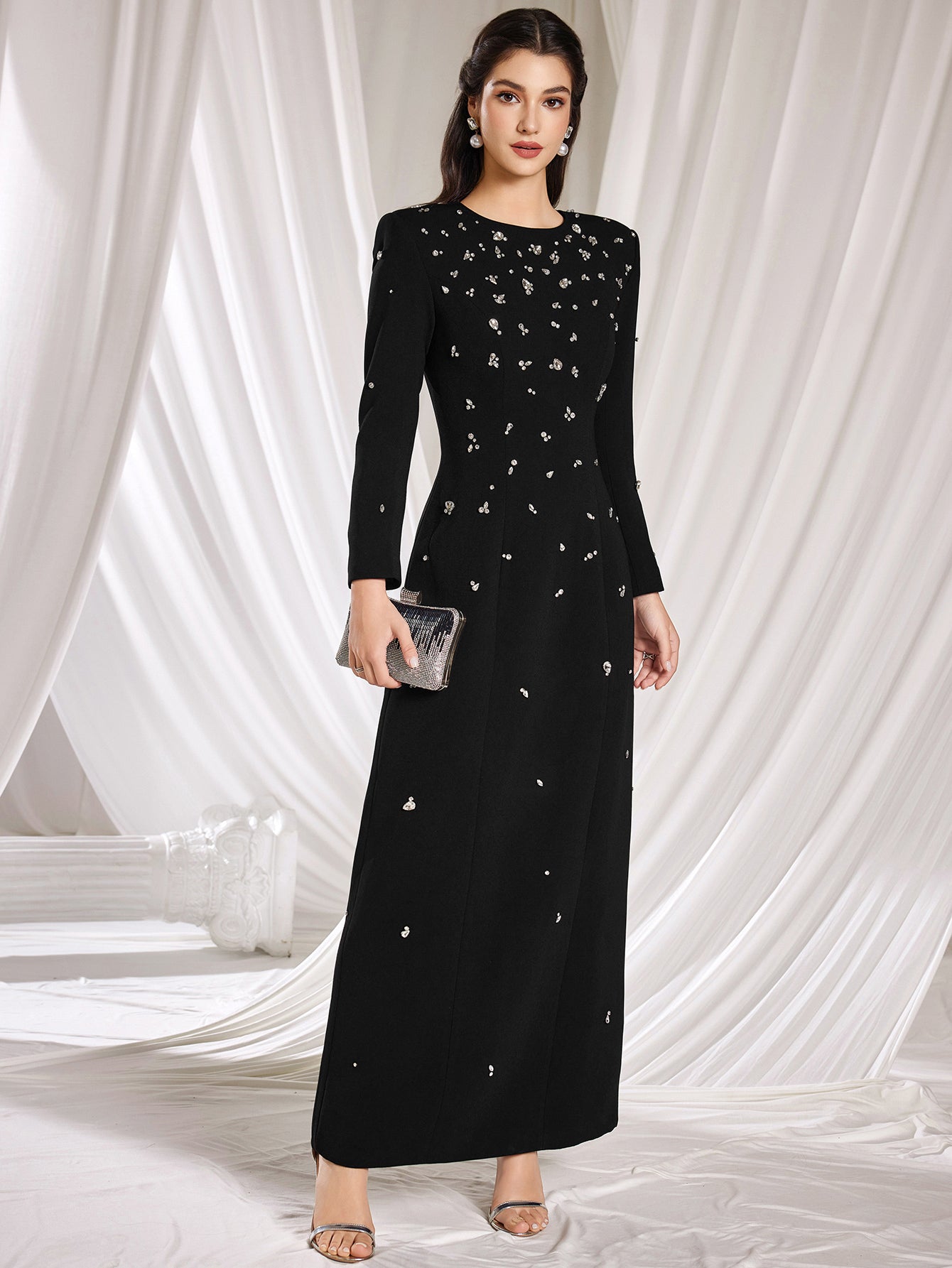 New Elegant Long Sleeve Beaded Embellished Round Neck Maxi Dress