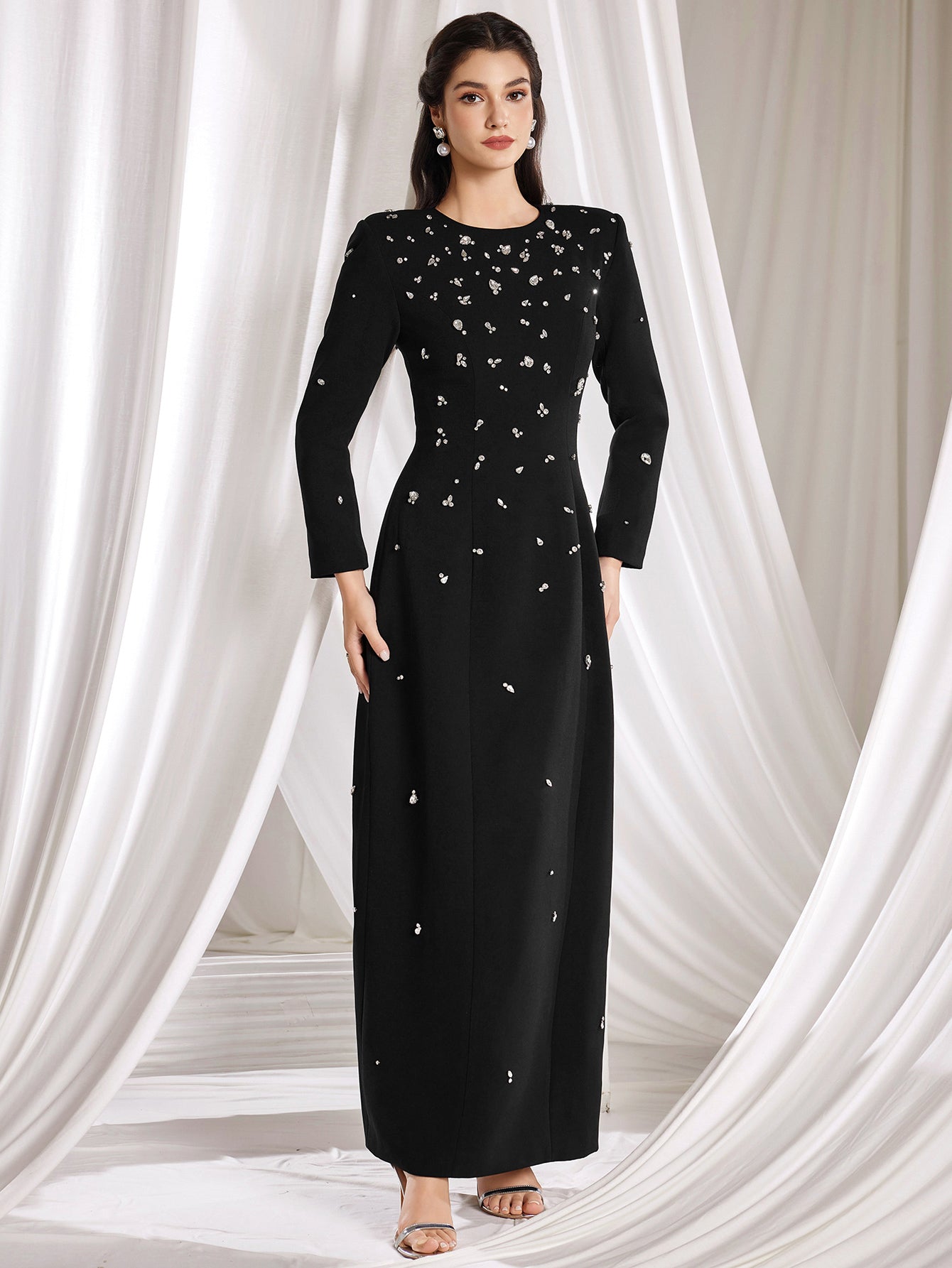 New Elegant Long Sleeve Beaded Embellished Round Neck Maxi Dress