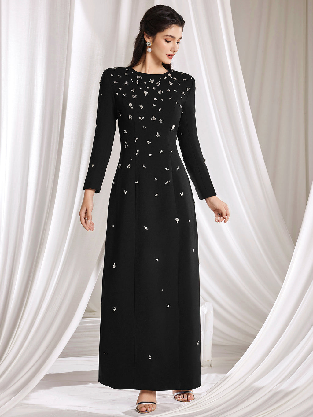 New Elegant Long Sleeve Beaded Embellished Round Neck Maxi Dress