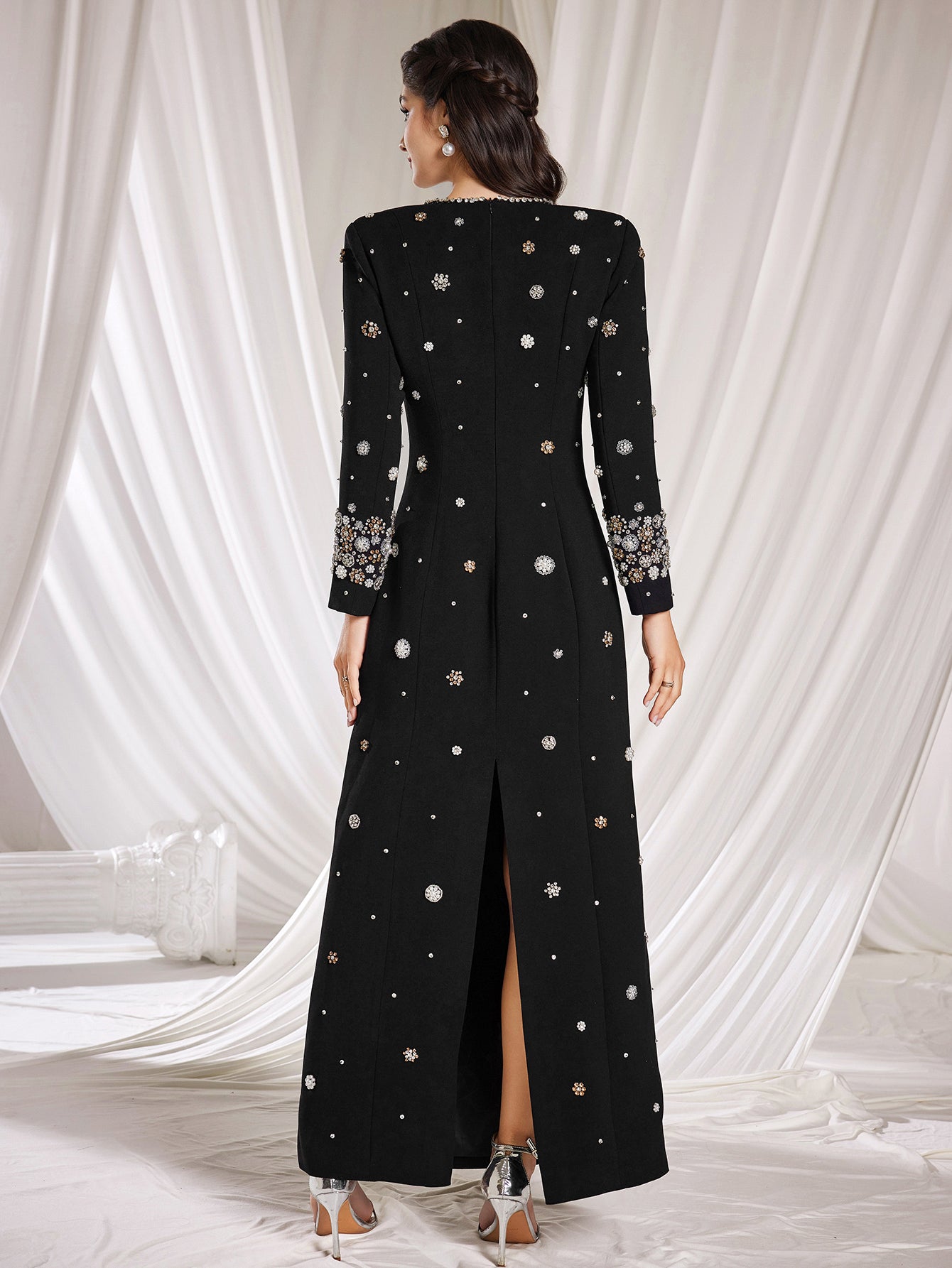 Embellished Column Dress Stylish black long dress decorated with beads and gemstones