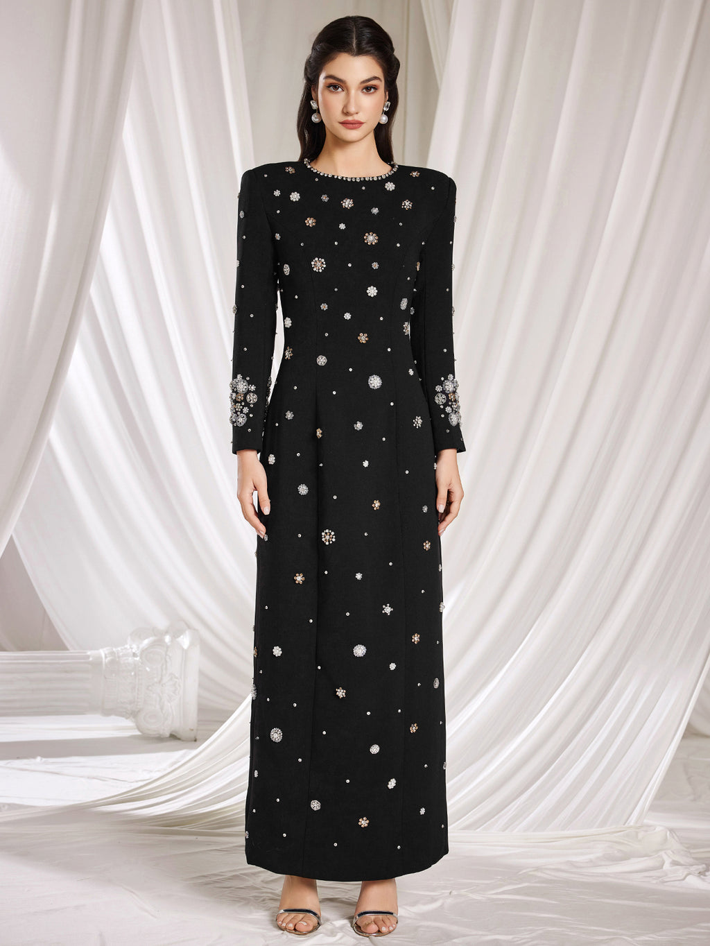 Embellished Column Dress Stylish black long dress decorated with beads and gemstones