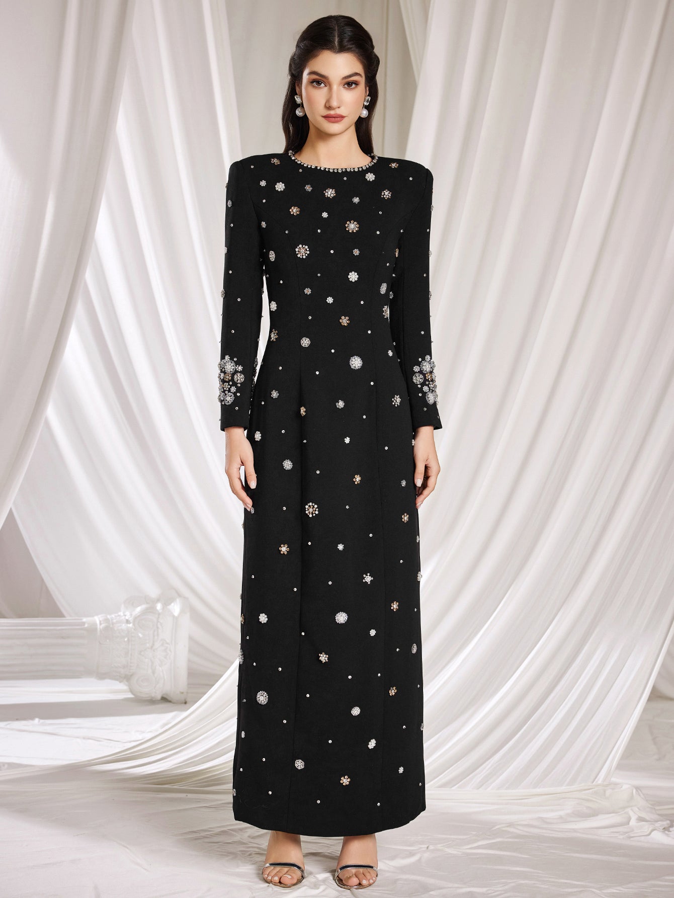 Embellished Column Dress Stylish black long dress decorated with beads and gemstones