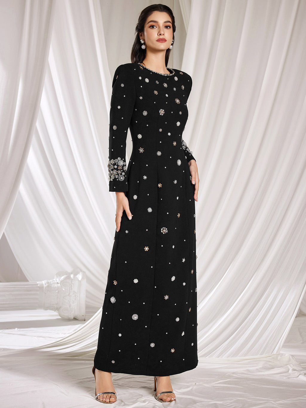 Embellished Column Dress Stylish black long dress decorated with beads and gemstones
