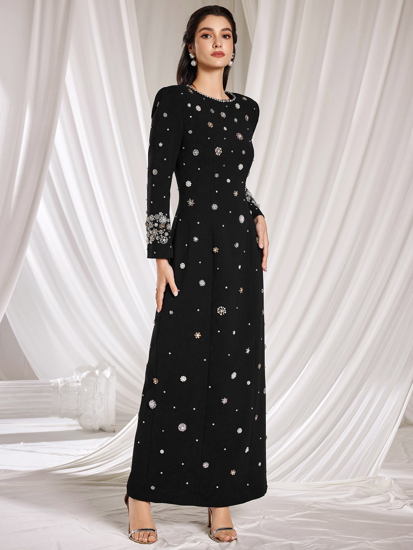 Embellished Column Dress Stylish black long dress decorated with beads and gemstones