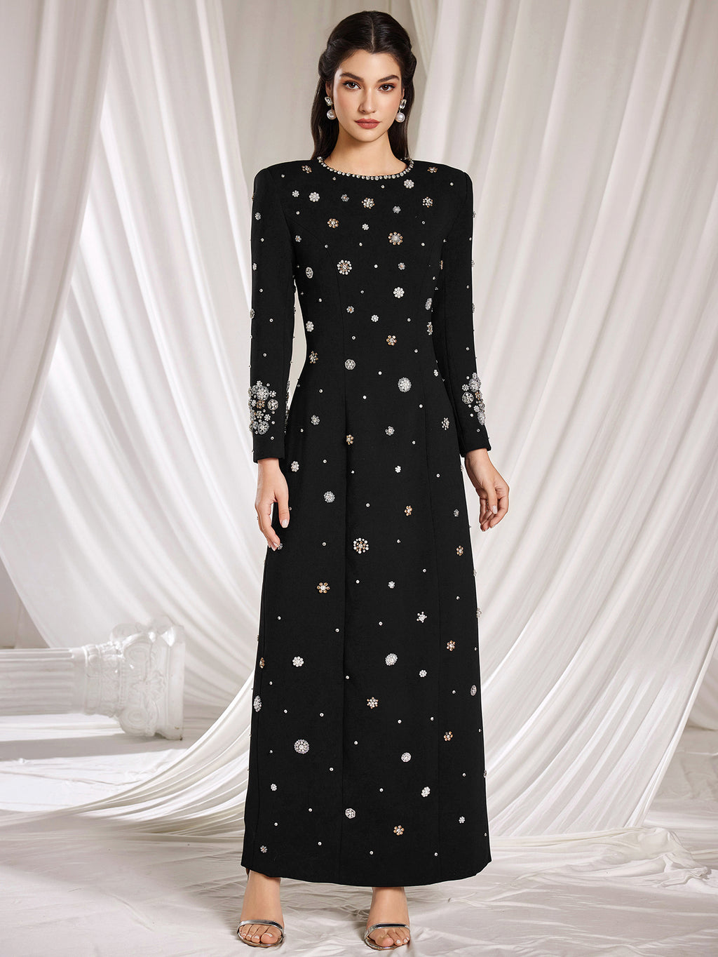 Embellished Column Dress Stylish black long dress decorated with beads and gemstones