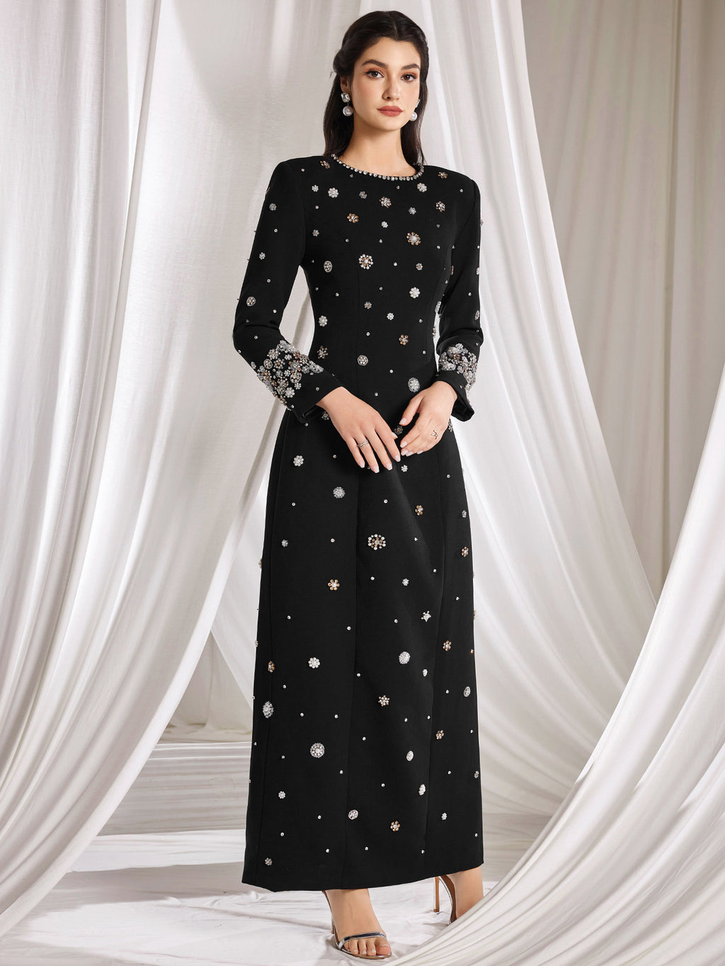Embellished Column Dress Stylish black long dress decorated with beads and gemstones