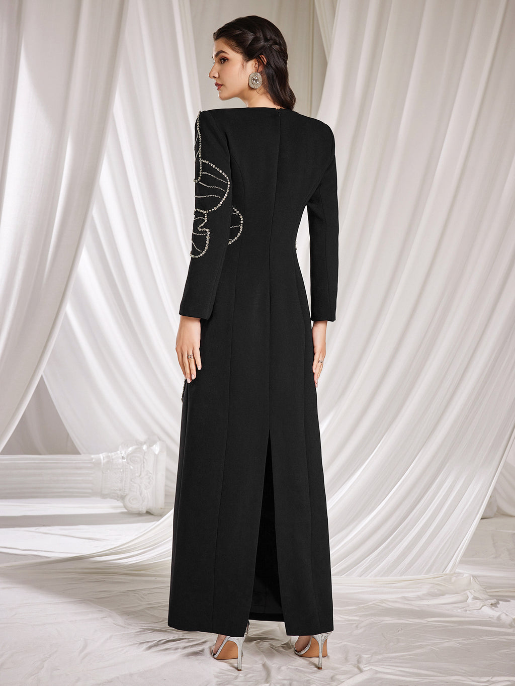 Elegant Black Floral Bead - Embellished Gown, Long Sleeves & Maxi Length, Formal Evening Dress