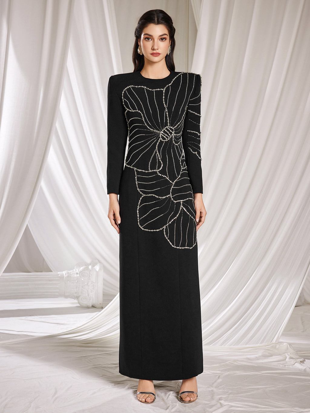 Elegant Black Floral Bead - Embellished Gown, Long Sleeves & Maxi Length, Formal Evening Dress