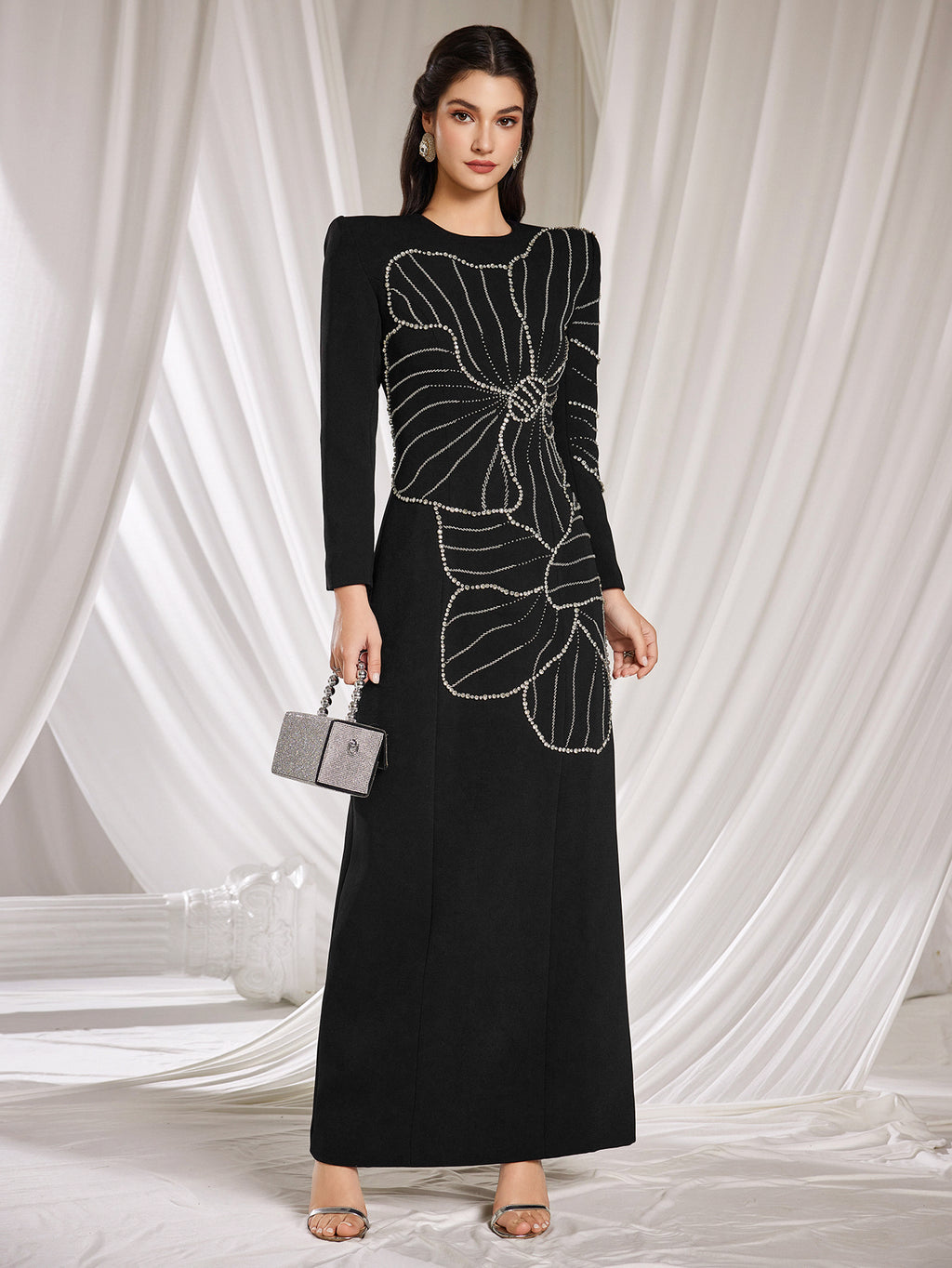 Elegant Black Floral Bead - Embellished Gown, Long Sleeves & Maxi Length, Formal Evening Dress