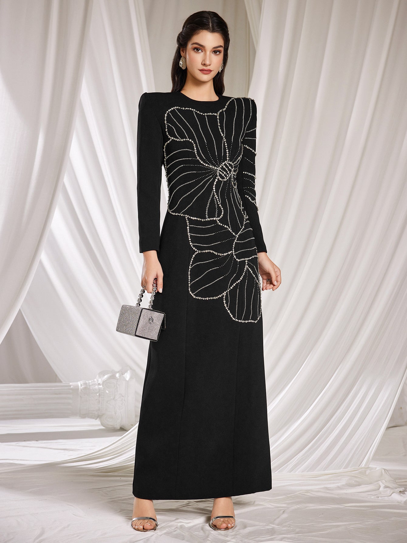 Elegant Black Floral Bead - Embellished Gown, Long Sleeves & Maxi Length, Formal Evening Dress