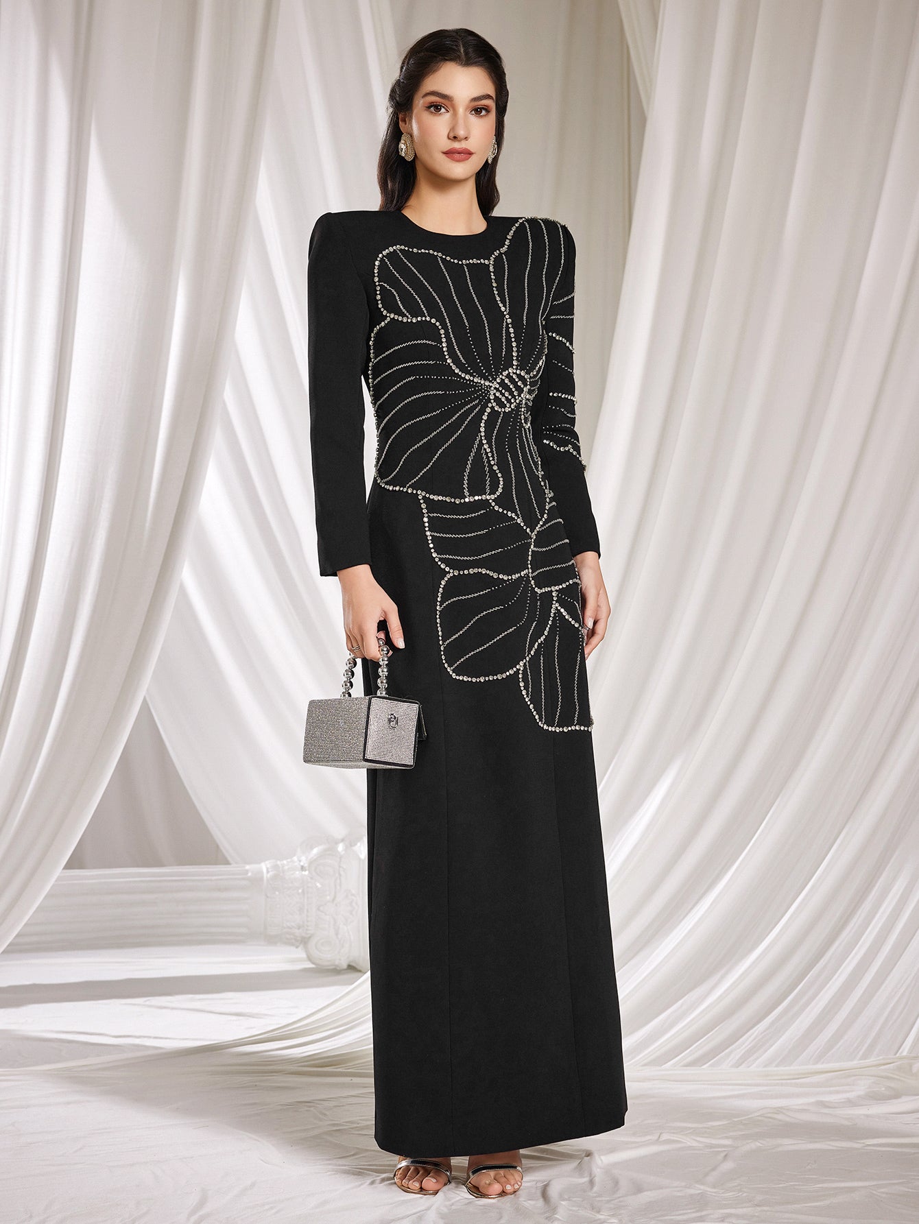 Elegant Black Floral Bead - Embellished Gown, Long Sleeves & Maxi Length, Formal Evening Dress
