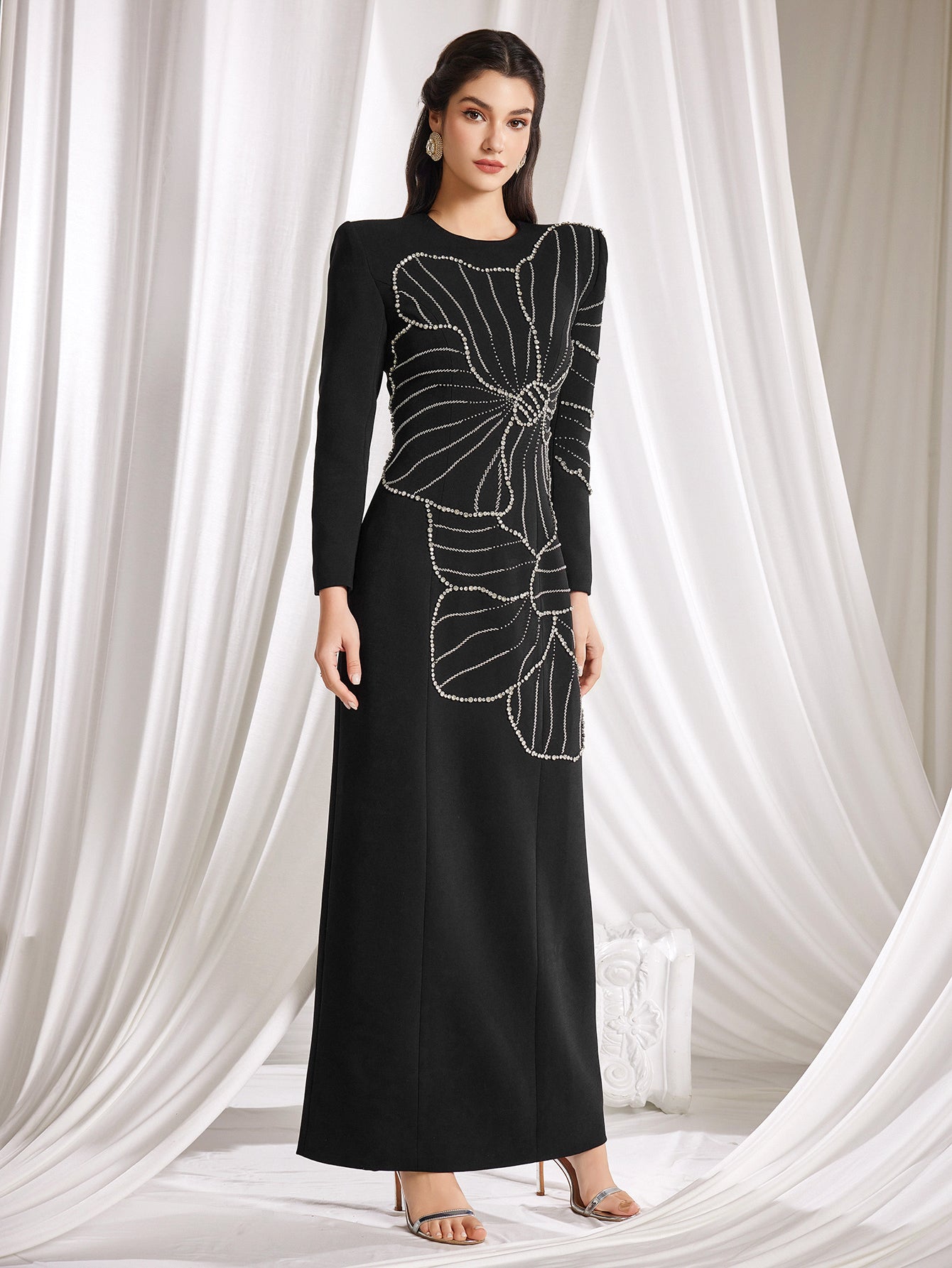Elegant Black Floral Bead - Embellished Gown, Long Sleeves & Maxi Length, Formal Evening Dress