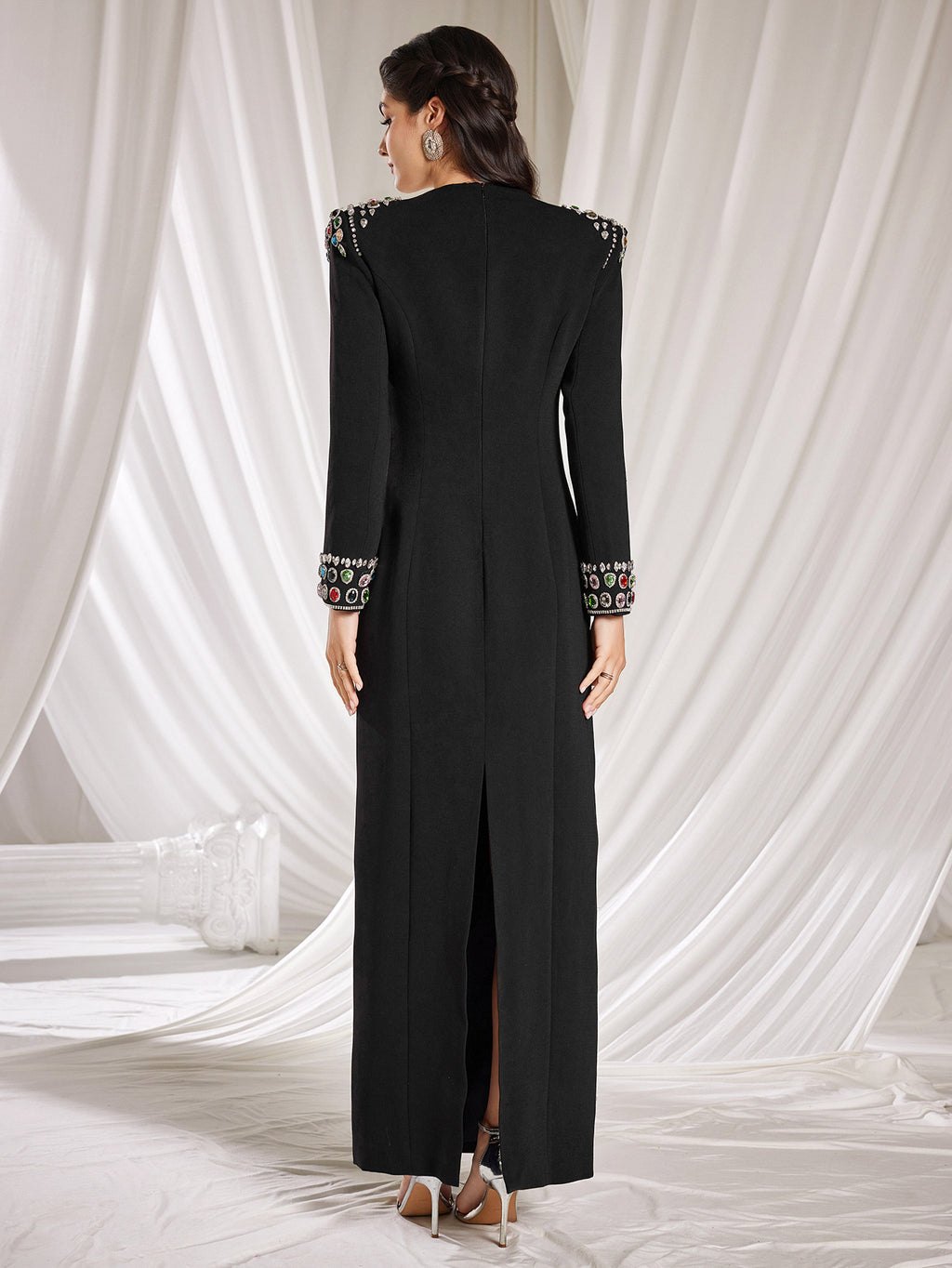 Elegant Black Square - Neck Gown, Embroidered Shoulders & Cuffs, Formal Evening Dress