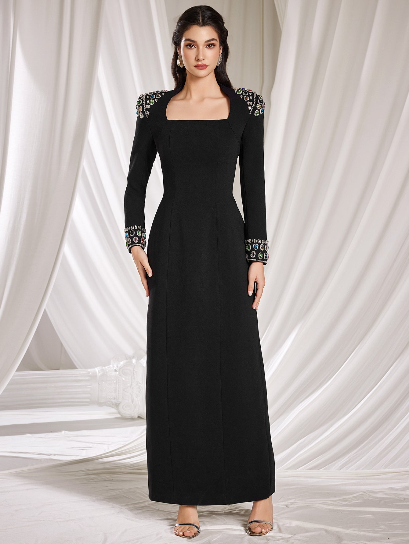 Elegant Black Square - Neck Gown, Embroidered Shoulders & Cuffs, Formal Evening Dress