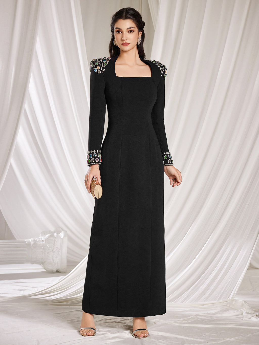 Elegant Black Square - Neck Gown, Embroidered Shoulders & Cuffs, Formal Evening Dress