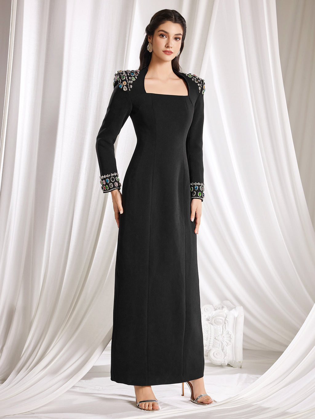 Elegant Black Square - Neck Gown, Embroidered Shoulders & Cuffs, Formal Evening Dress