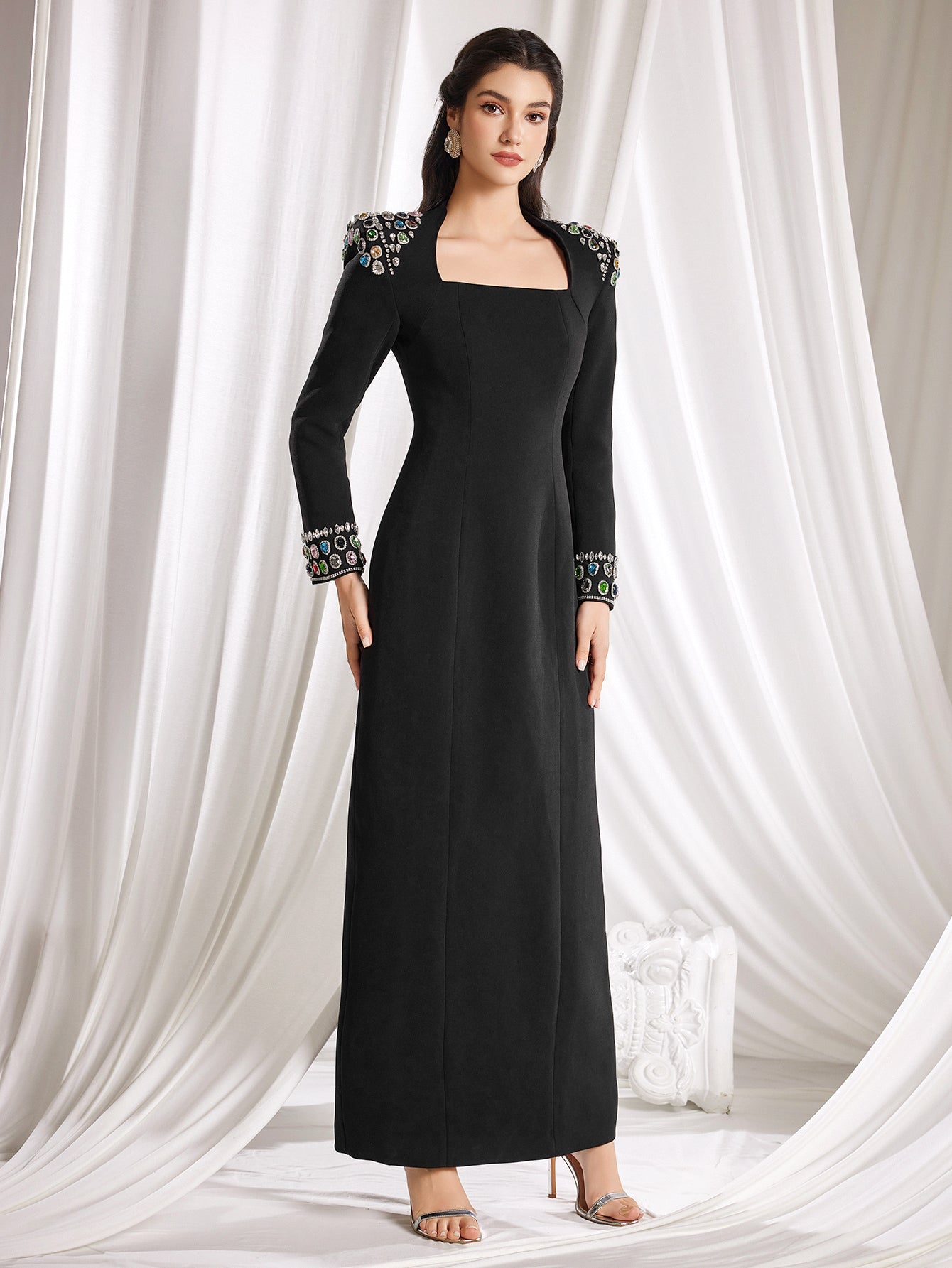 Elegant Black Square - Neck Gown, Embroidered Shoulders & Cuffs, Formal Evening Dress