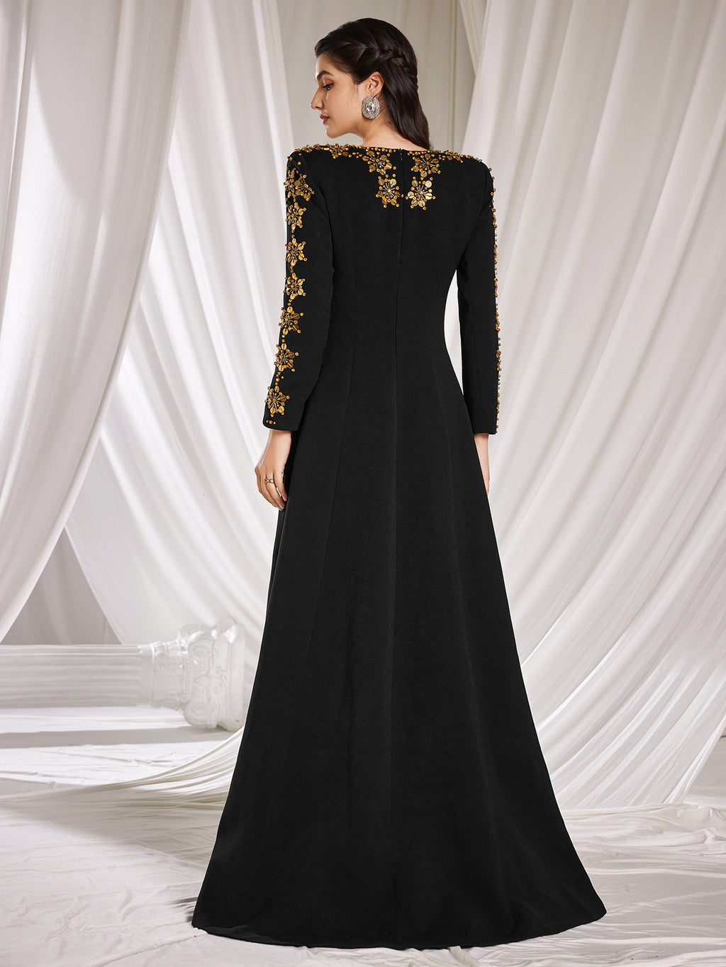 Women's Long Sleeve Beaded Embellished A-Line Dress