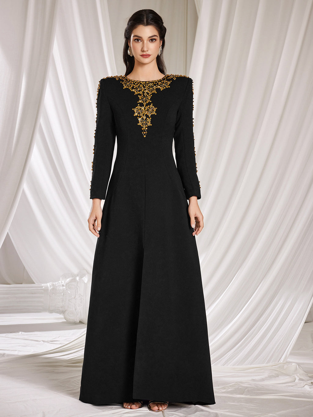 Women's Long Sleeve Beaded Embellished A-Line Dress