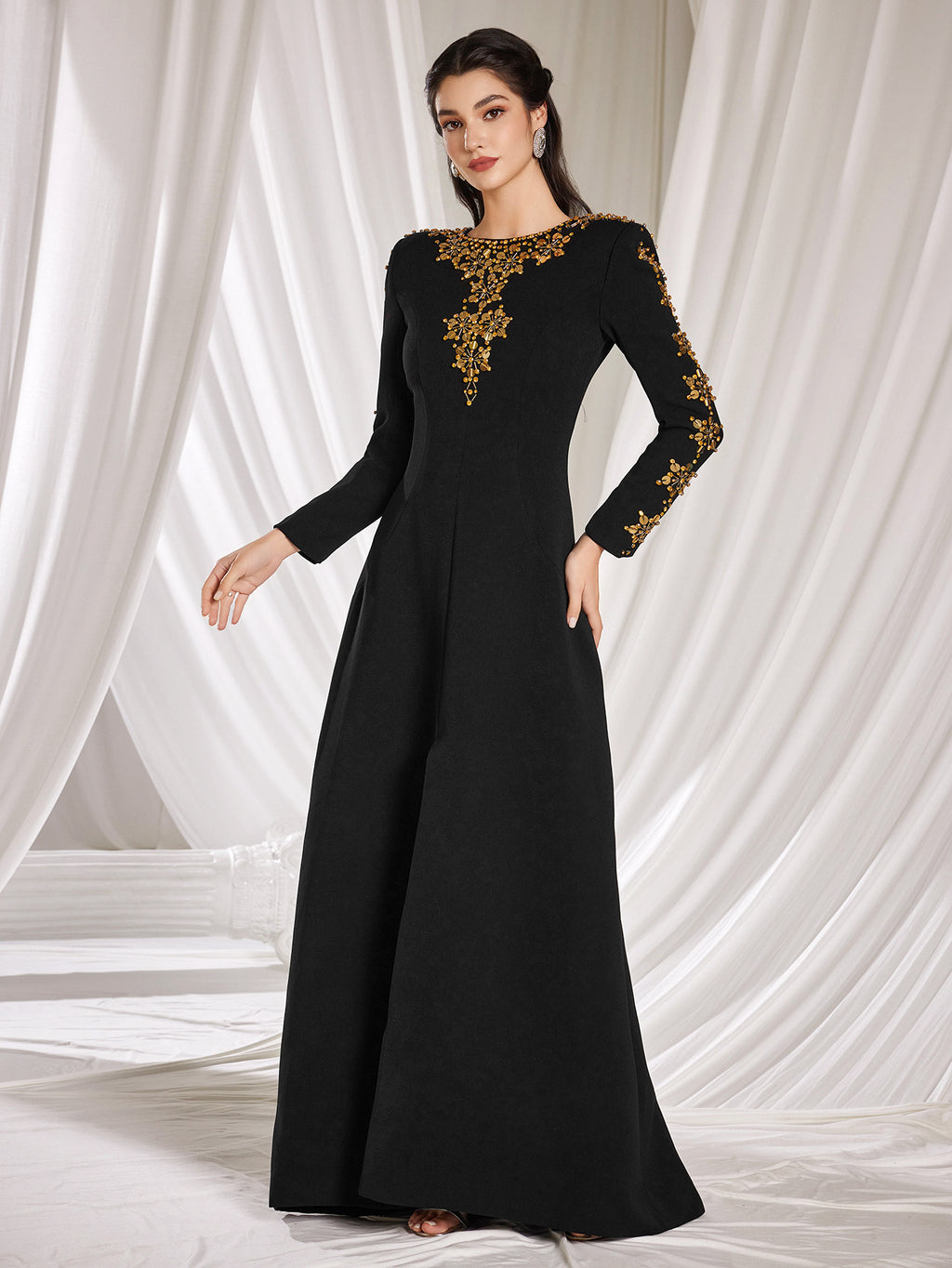 Women's Long Sleeve Beaded Embellished A-Line Dress