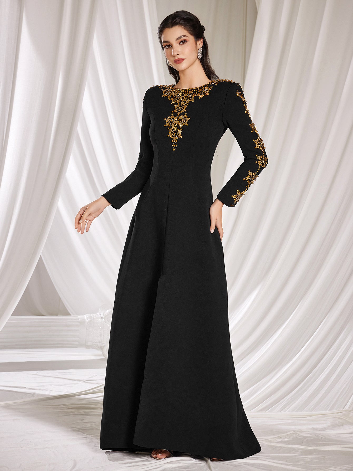 Women's Long Sleeve Beaded Embellished A-Line Dress