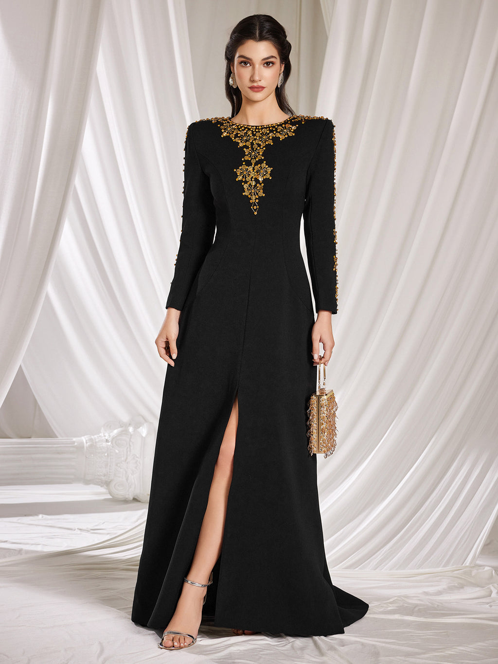 Women's Long Sleeve Beaded Embellished A-Line Dress