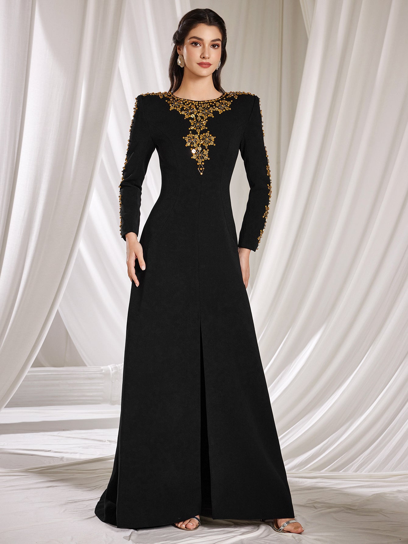 Women's Long Sleeve Beaded Embellished A-Line Dress