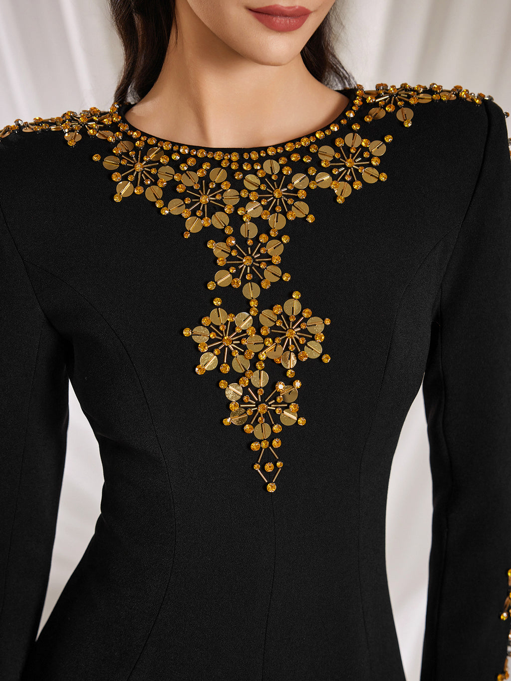 Women's Long Sleeve Beaded Embellished A-Line Dress