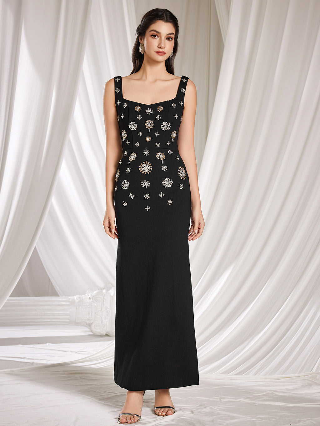 Fashionable Heavy Beaded and Rhinestone Embellished Long Stretch Vest Dress