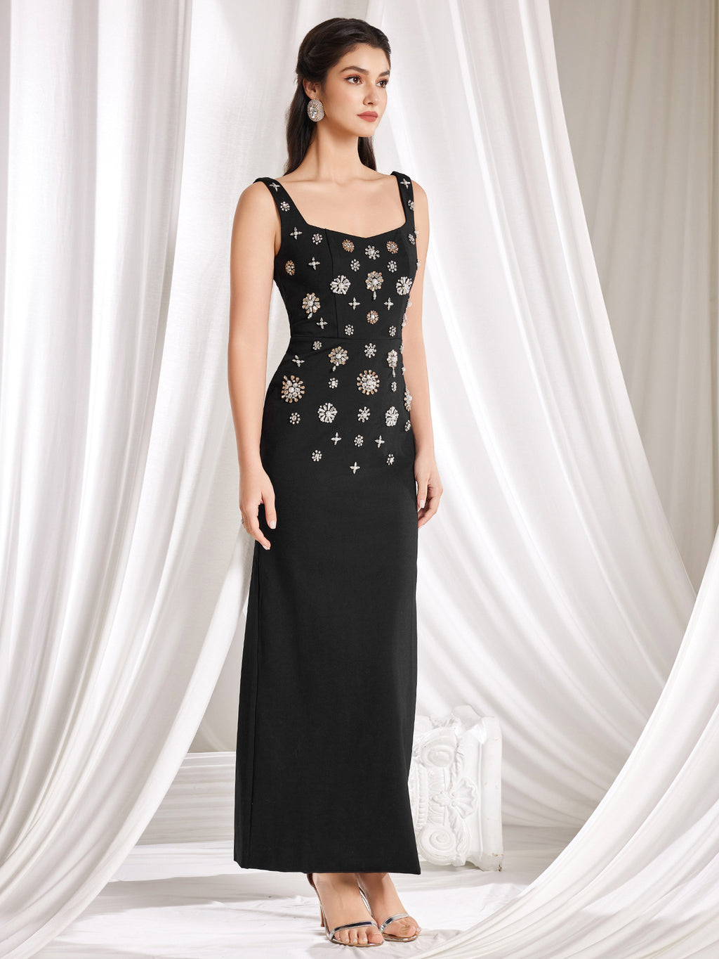 Fashionable Heavy Beaded and Rhinestone Embellished Long Stretch Vest Dress