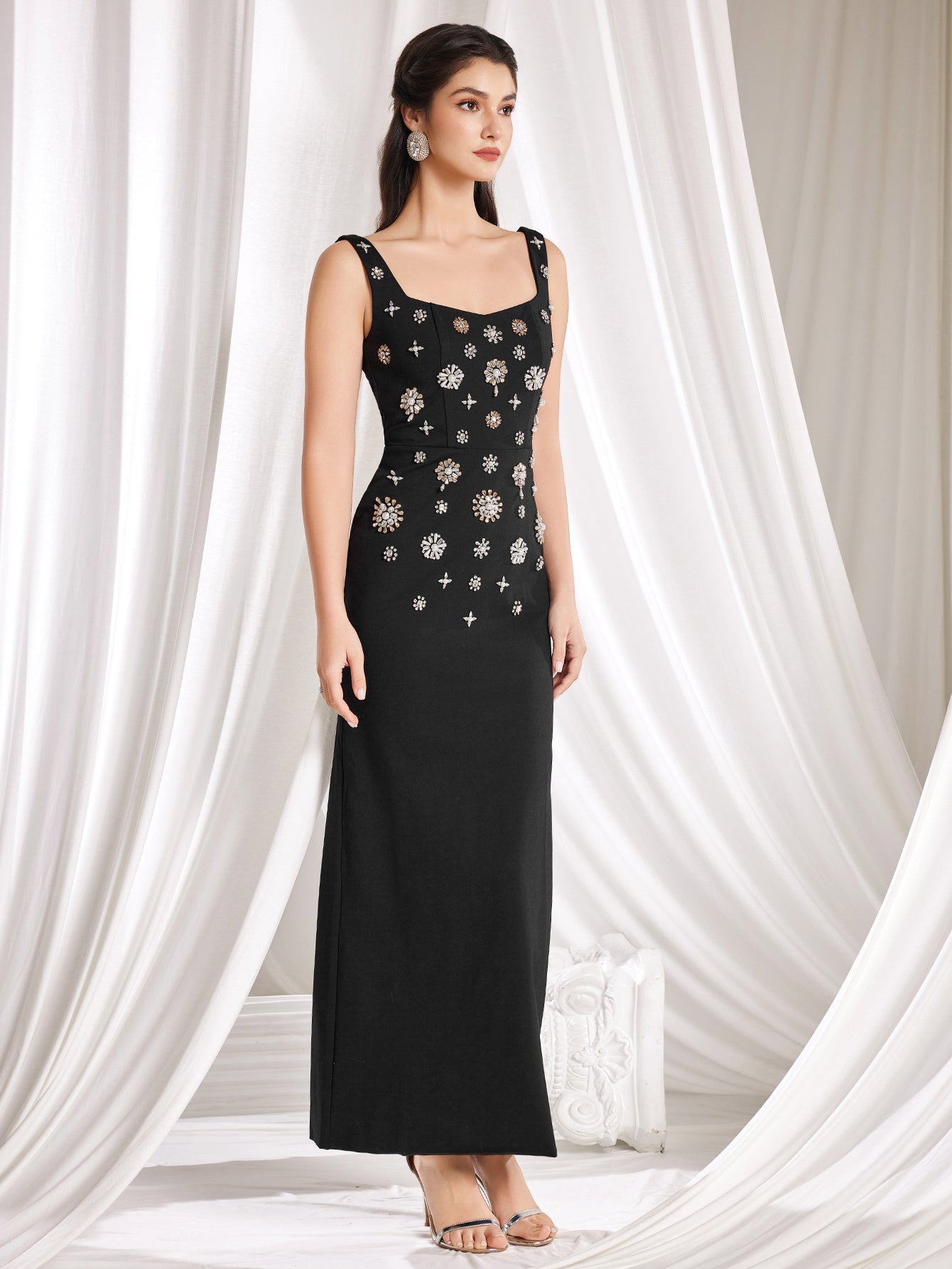 Fashionable Heavy Beaded and Rhinestone Embellished Long Stretch Vest Dress
